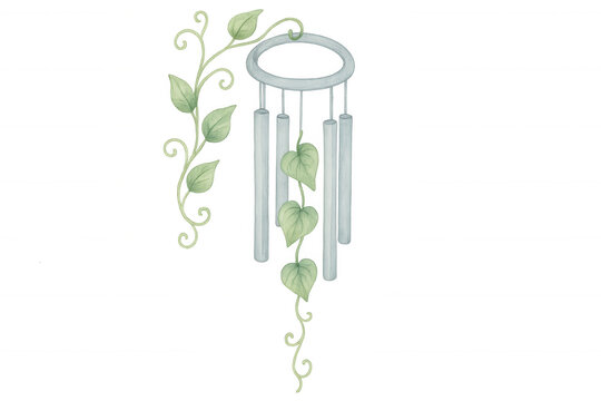 watercolor wind chimes with green leaves clip art preview