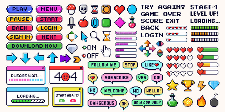 Set of pixel game menu button. Retro video gaming element, digital console, controller, heart, star, arrow and mobile app icon. 8 bit computer game interface. Pixel speech bubble frame with comic text
