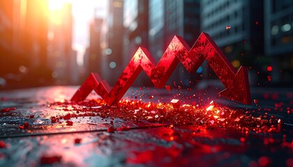 Crumbling red arrow amidst urban backdrop, symbolizing economic downturn