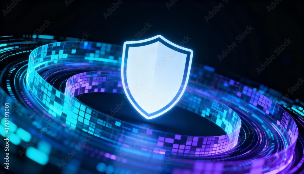 Poster futuristic data streams circling a floating shield icon, data encryption concept, holographic style,