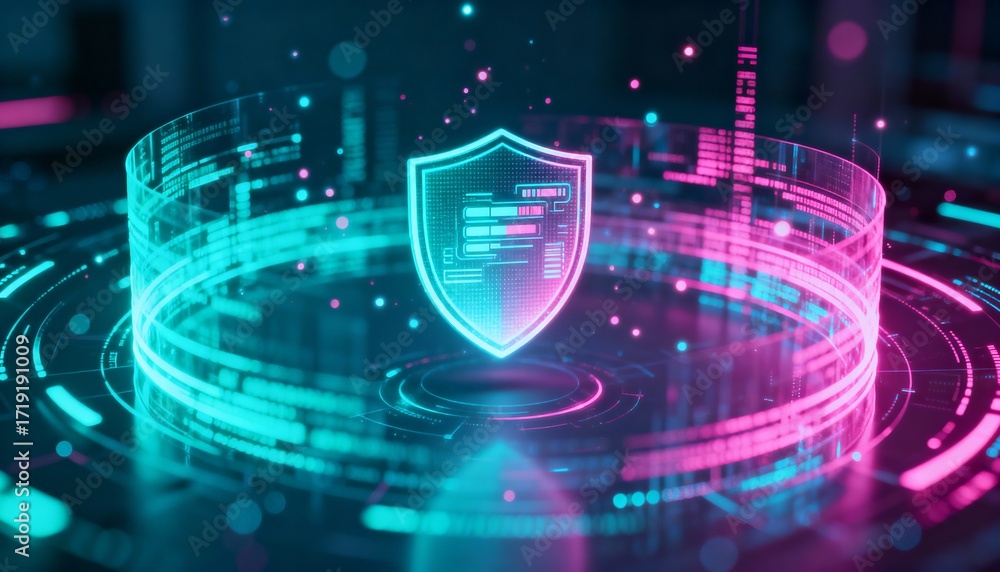 Poster futuristic data streams circling a floating shield icon, data encryption concept, holographic style,