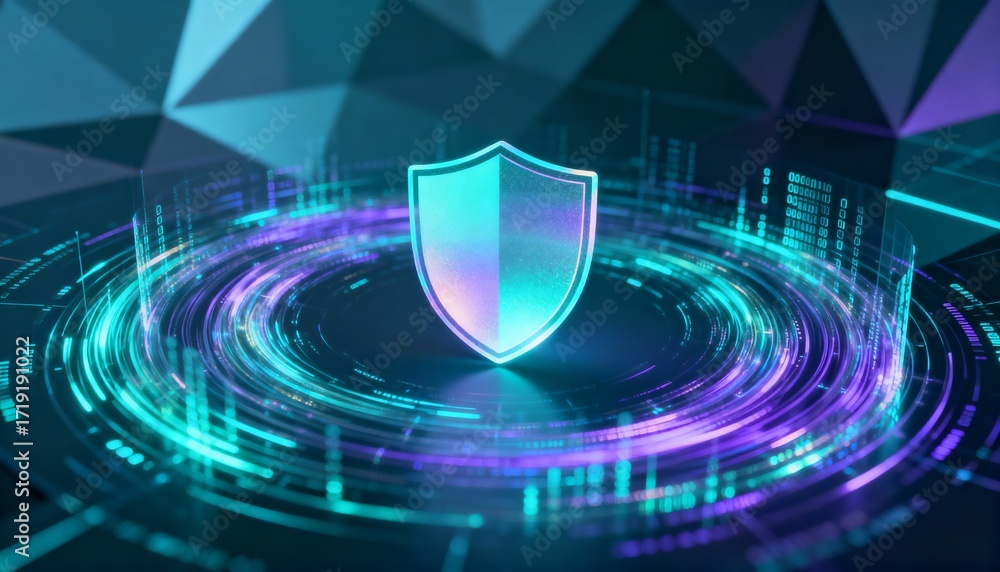 Poster futuristic data streams circling a floating shield icon, data encryption concept, holographic style,