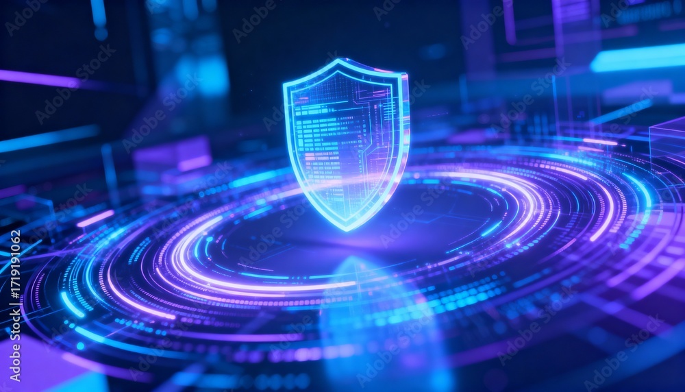 Poster futuristic data streams circling a floating shield icon, data encryption concept, holographic style,