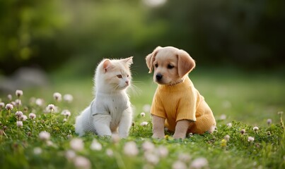 Small puppy and kitten sitting together on dewy clover-covered grass, each wearing warm-toned outfits,