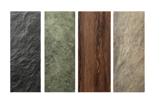 Four textured panels in dark gray, muted green, brown wood, and light gray, resembling stone or wood