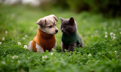 Small puppy and kitten sitting together on dewy clover-covered grass, each wearing warm-toned outfits,