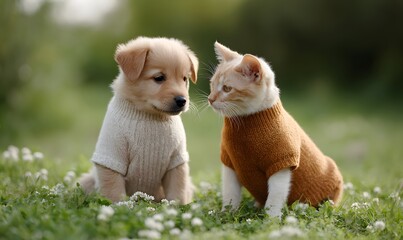 Small puppy and kitten sitting together on dewy clover-covered grass, each wearing warm-toned outfits,