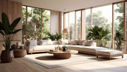 Fototapeta premium Serene Modern Living Room with Natural Light and Lush Greenery