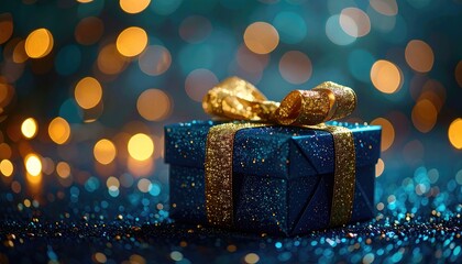 Glittery dark blue wrapped gift with a gold bow sits against a backdrop of blurred golden lights, emitting an aura of celebration and luxury