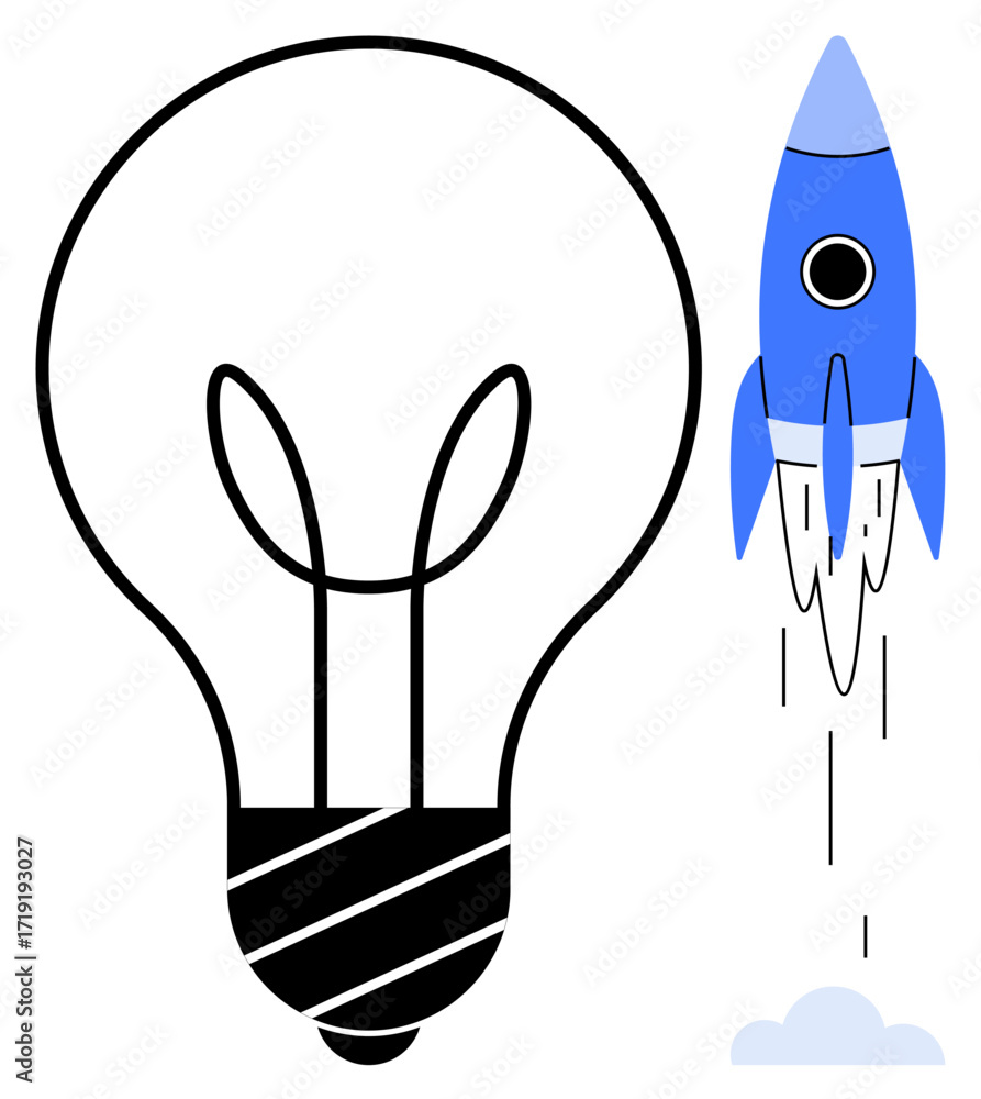 Poster light bulb representing ideas alongside a launching rocket for progress and innovation. ideal for st