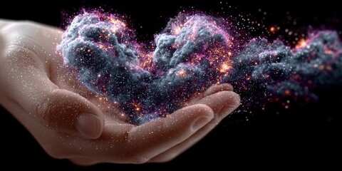 Fototapeta premium A Hand Reaches Out to Offer Celestial Love, Holding a Cosmic Heart of Nebula Light and Stars