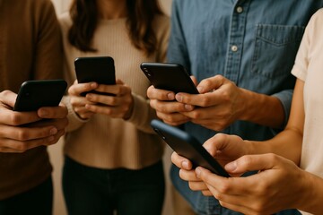 Group of people using smartphones together in casual indoor setting  