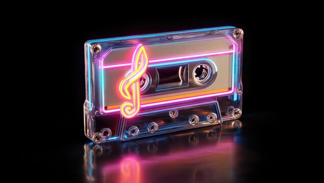 Retro cassette tape with neon, glowing musical note