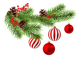 Christmas tree branch with red hanging balls isolated