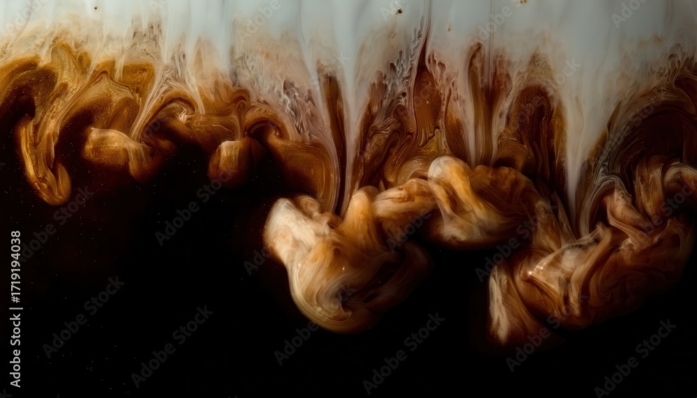 Aufkleber swirling coffee cream abstract patterns on dark background flowing in smooth waves of brown and whit