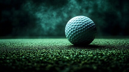 Golf ball resting on green turf with a dark background creating an atmospheric mood during evening play