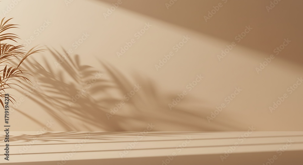 Poster minimalist beige background with natural plant shadows and soft light, creating a serene and aesthet
