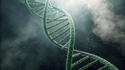 Close-up of green DNA double helix structure floating in atmospheric mist with depth of field effect ideal for genetic science visuals, biotech themes and medical research design