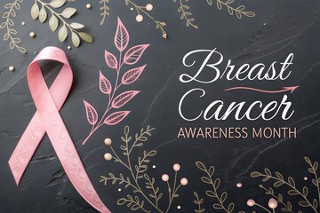 Elegant Breast Cancer Awareness Month design featuring a pink ribbon and floral illustrations. A symbol of hope, support, and strength for the campaign.
 Generative Ai.