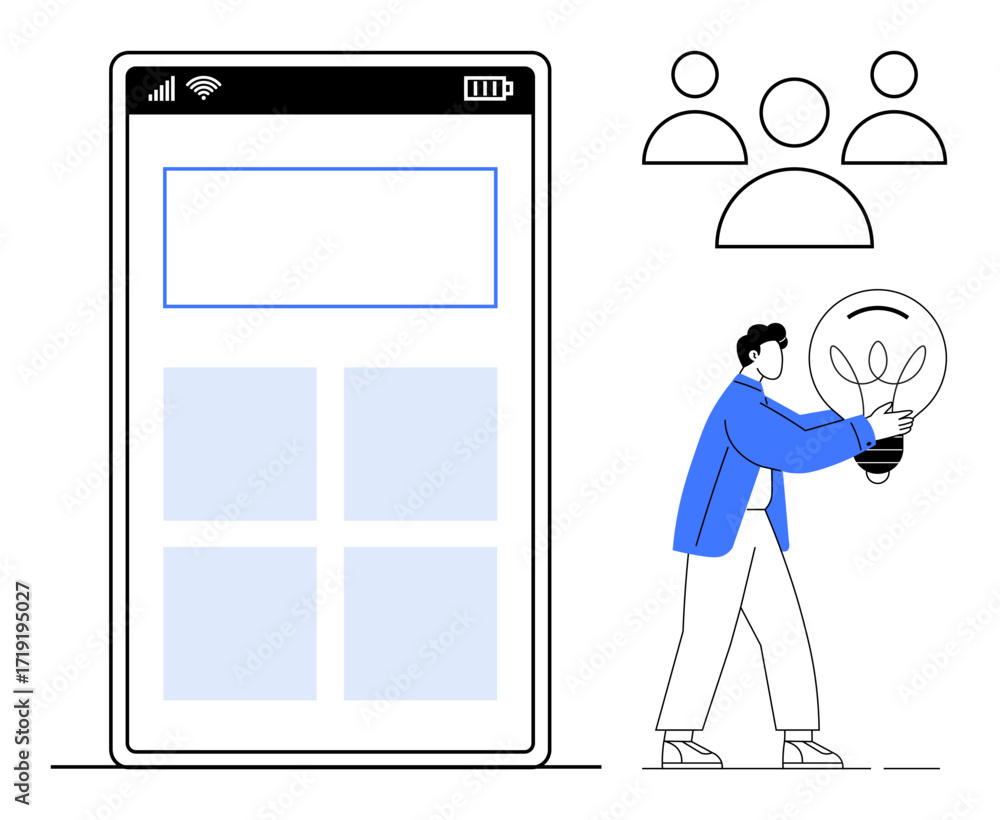 Poster smartphone interface layout with grid elements, individual holding lightbulb, group icons as connect