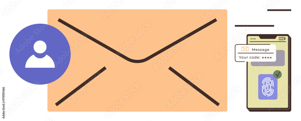 Aufkleber envelope, user profile icon, and smartphone displaying fingerprint and authentication message. ideal