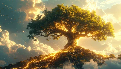 Stickers Meisjeskamer A sprawling tree stands atop a hill surrounded by swirling clouds and glowing light, evoking a sense of magic and otherworldly wonder  © hyoto