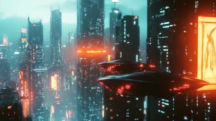 In this futuristic cityscape, sleek spacecraft navigate through towering buildings illuminated by neon lights, creating a cyberpunk atmosphere. - Powered by Adobe