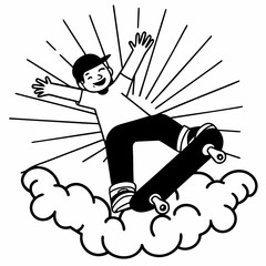 Smiling boy skateboarding on cloud, cap, sneakers, sun rays background.