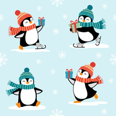 Fototapeta premium Four adorable penguins wearing winter hats and scarves skate and hold gifts.