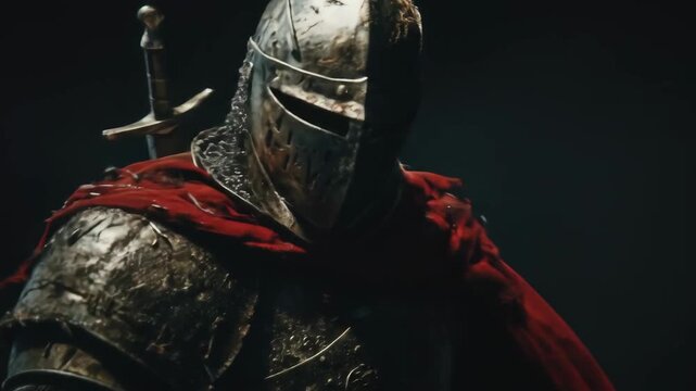 An armored knight stands vigilant, his sword on his back and red cape billowing, embodying medieval strength and gothic darkness.