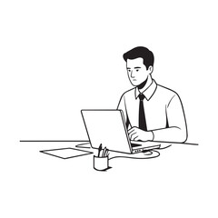 Black and white line art of a hardworking man at office desk with laptop and documents minimalist illustration