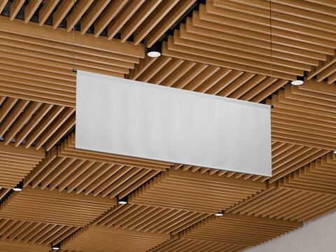 White Blank Exhibition Hanging Banner Mockup Displayed on Wooden Ceiling 3D Rendering