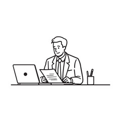 Black and white line art of a hardworking man at office desk with laptop and documents minimalist illustration