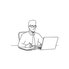 Black and white line art of a hardworking man at office desk with laptop and documents minimalist illustration