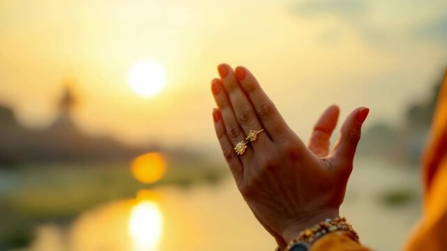 Devotees hands folded in prayer during chhath puja reverently honoring the setting sun by the tranquil water a sacred hindu ritual