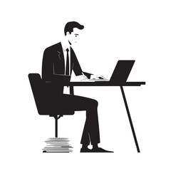 Black and white line art of a hardworking man at office desk with laptop and documents minimalist illustration