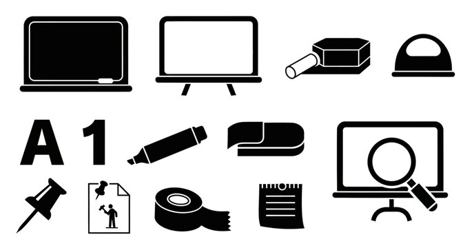 Icon Set Vector of Minimalist Black Office and School Supply Glyphs