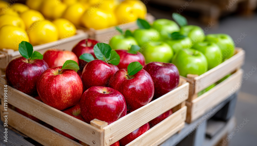 Poster fresh apples in colorful market display. bright red and green apples arranged in wooden crates at a 