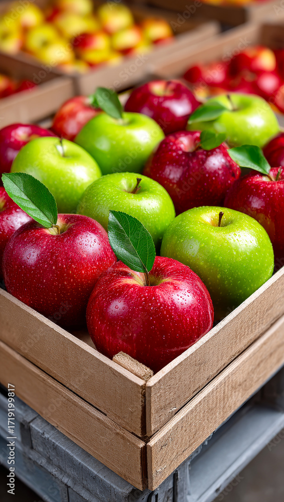 Poster red and green apples in crates. bright red and green apples are neatly arranged in wooden crates, re