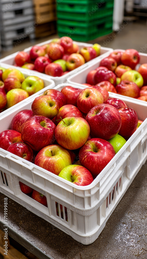Poster red and green apples in storage bins. baskets filled with shiny red and green apples are stacked in 