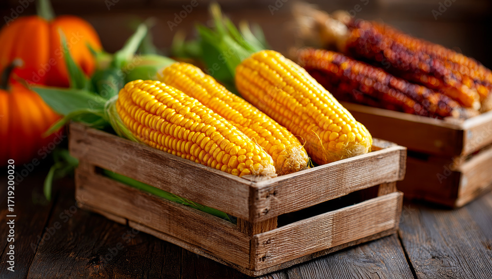 Poster corn in crates on a table. colorful corn rests in rustic crates on a dark table, showcasing the abun