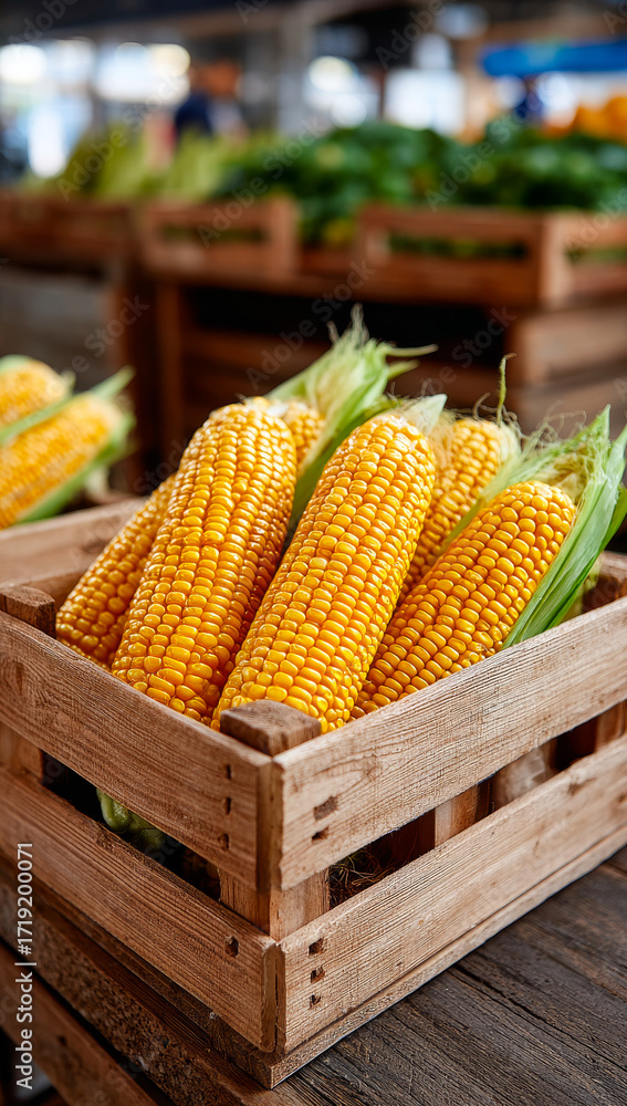 Poster fresh corn in crates. bright yellow corn ears are neatly arranged in wooden crates at the bustling o