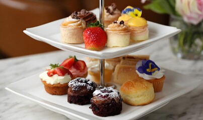 Obraz premium small sweets served luxuriously on a tall tray with 3 floors