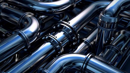 Reflective chrome industrial pipes in a complex network, symbolizing infrastructure, plumbing, and mechanical systems
 - Powered by Adobe