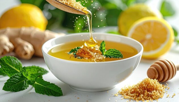 Warm amber liquid in a white bowl garnished with mint and sugar, surrounded by lemons and ginger. Sugar sprinkles in a stream