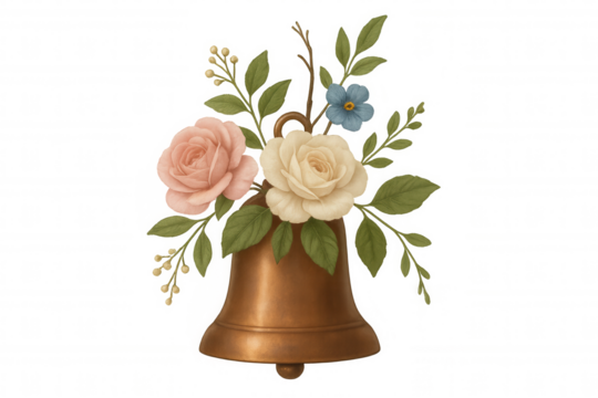 Bell decorated with roses and wildflowers, watercolor wedding illustration, transparent background