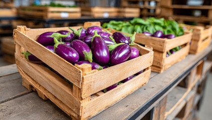 Fresh eggplants in crates. Bright purple eggplants are neatly arranged in wooden crates at a market, showcasing fresh produce ready for sale.