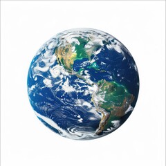 A detailed, realistic depiction of Earth, showcasing swirling cloud formations, diverse landmasses, and ocean currents against a stark white backdrop