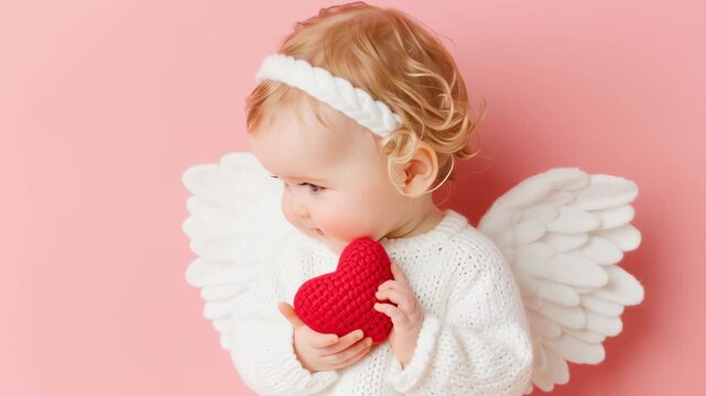 Cute baby with white wings and heart-shaped toy on pink background, symbolizing love, innocence, and Valentine&rsquo;s Day
