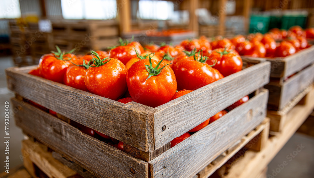 Poster fresh red tomatoes in crates. bright red tomatoes are neatly arranged in wooden crates at a market, 